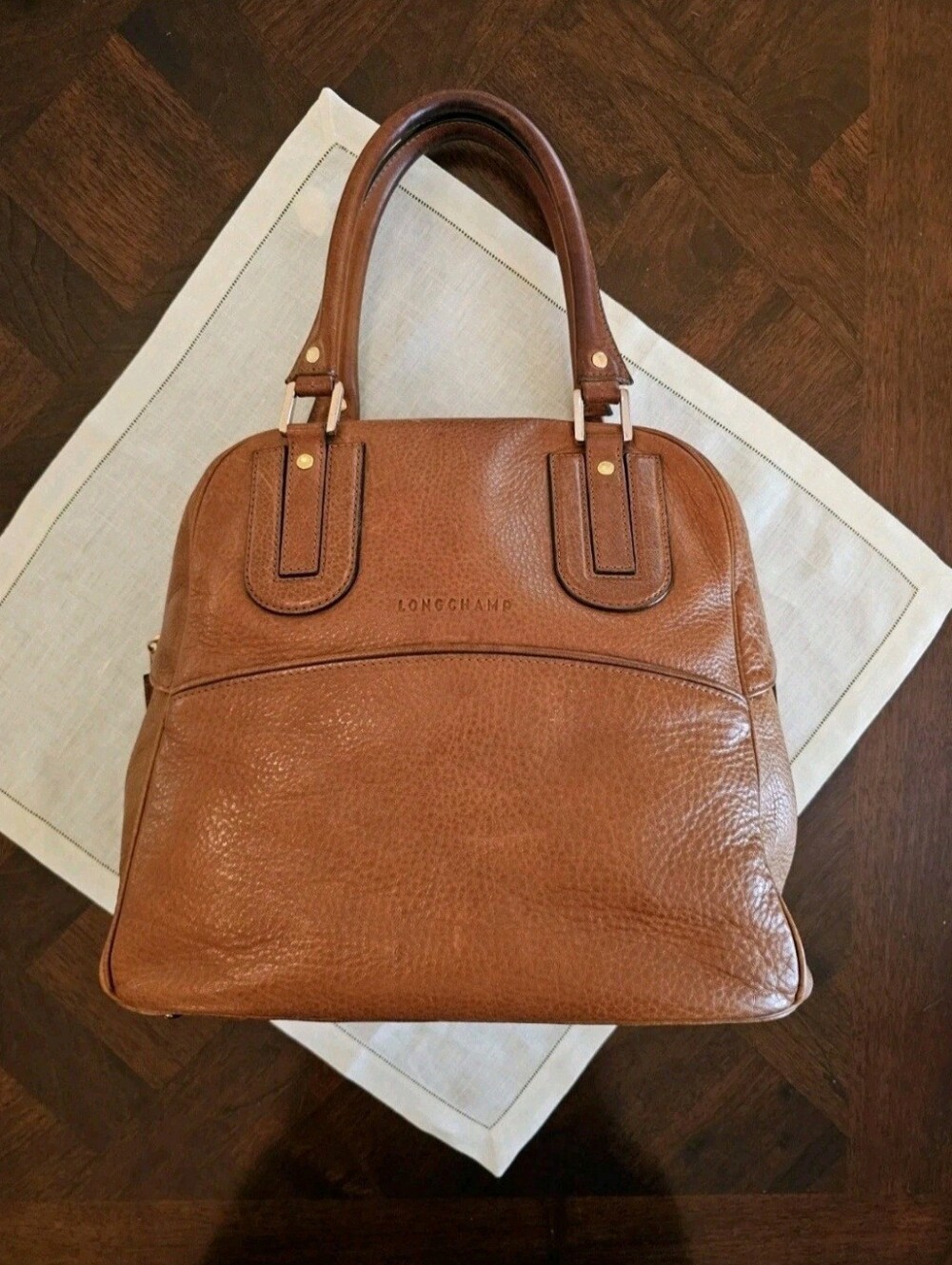 Longchamp Cosmos Large Brown Pebble Leather Tote Satchel Zip Closure Gold France - Picture 5 of 16
